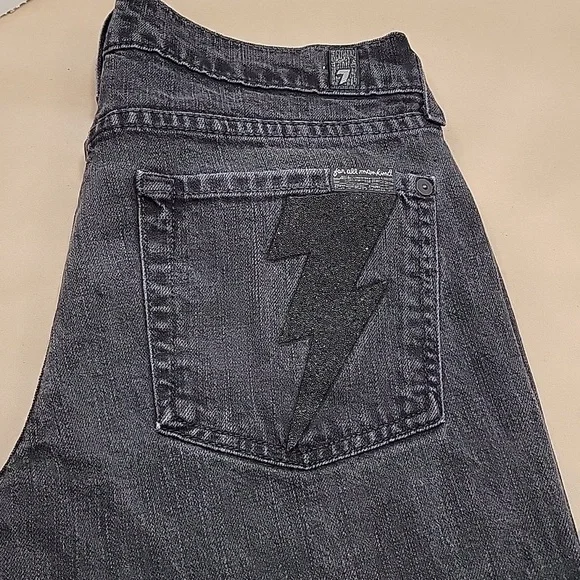7 For All Mankind, Size 27 Washed Black Flared Jeans w/Sparkle Lightning Bolts - Picture 2 of 15